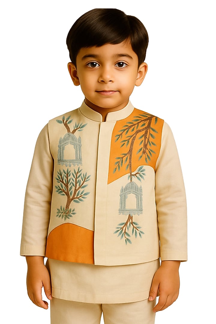 Cream & Orange Linen Satin Embroidered Nehru Jacket Set For Boys by Paarsh - Littles at Pernia's Pop Up Shop