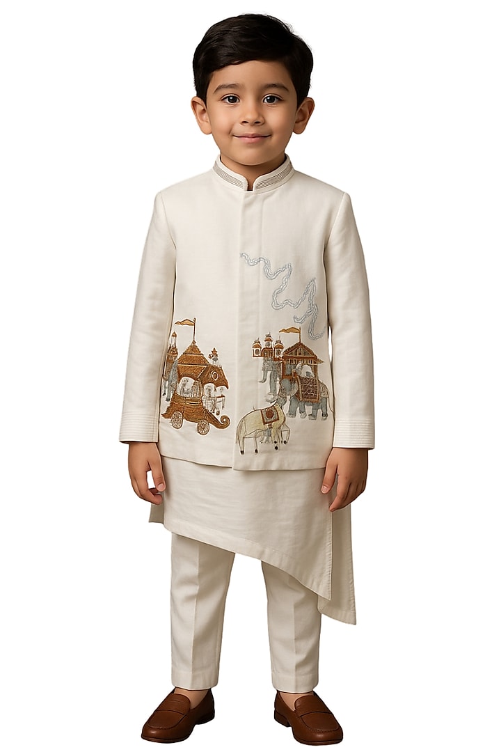 Ivory Bamberg Silk Embroidered Nehru Jacket Set For Boys by Paarsh - Littles at Pernia's Pop Up Shop