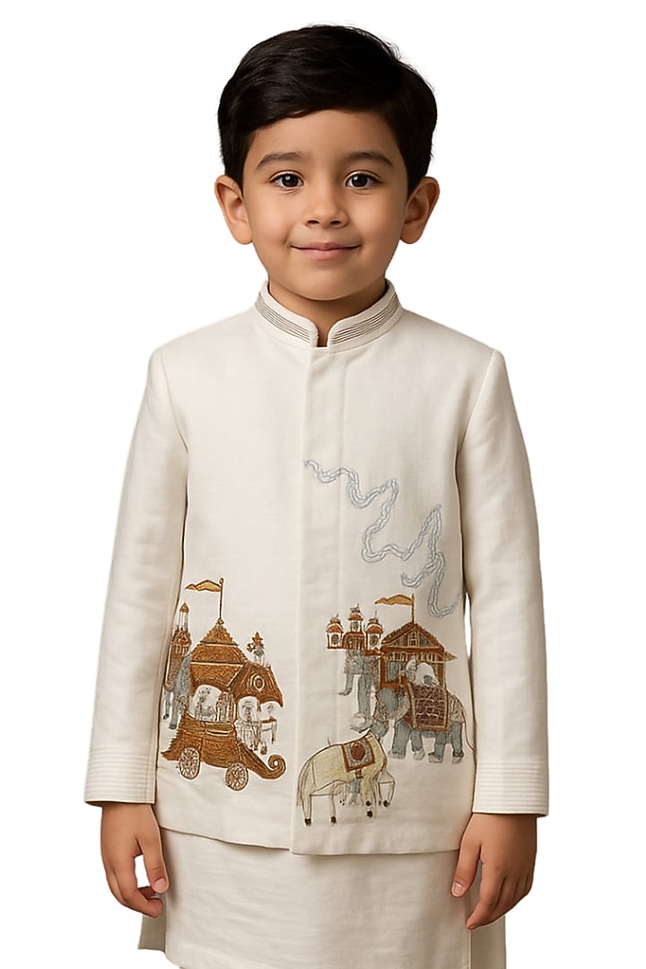 Ivory Bamberg Silk Embroidered Nehru Jacket Set For Boys by Paarsh - Littles at Pernia's Pop Up Shop