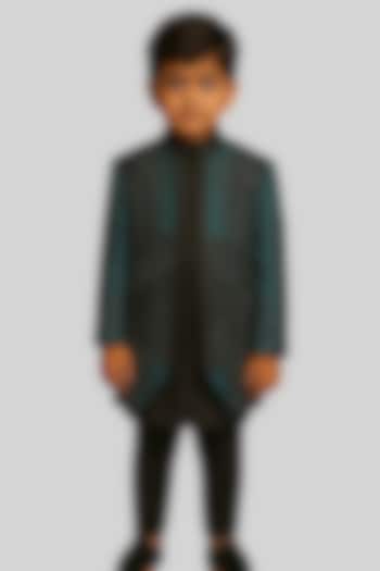 Teal & Black Linen Satin Embellished Nehru Jacket Set For Boys by Paarsh - Littles at Pernia's Pop Up Shop