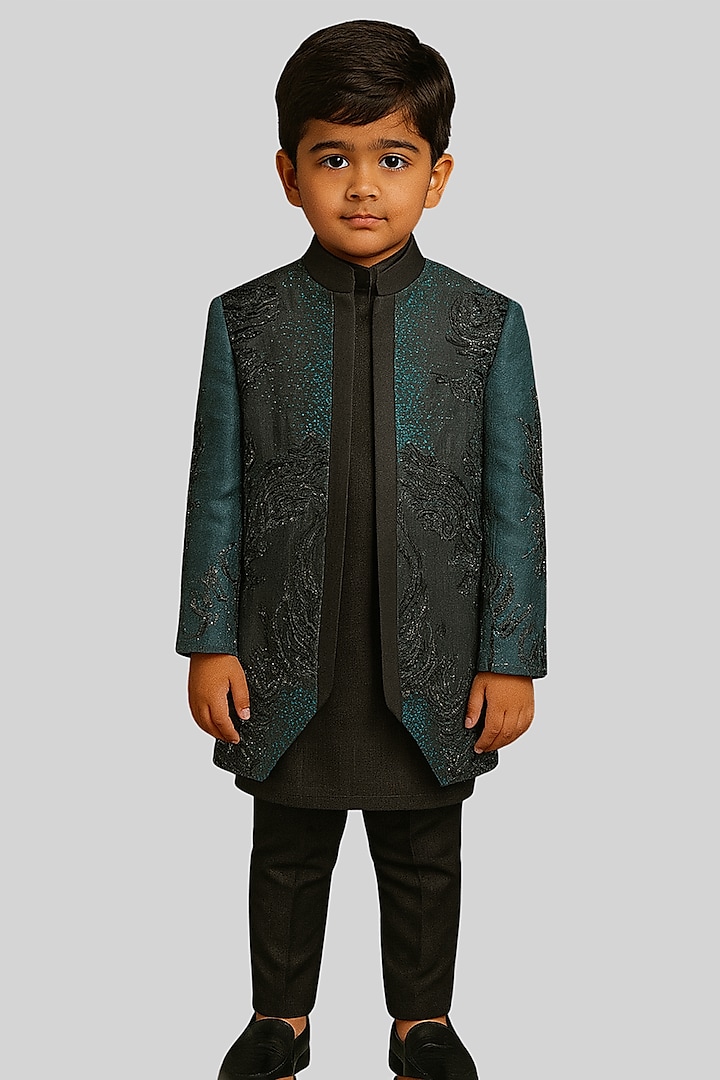 Teal & Black Linen Satin Embellished Nehru Jacket Set For Boys by Paarsh - Littles at Pernia's Pop Up Shop