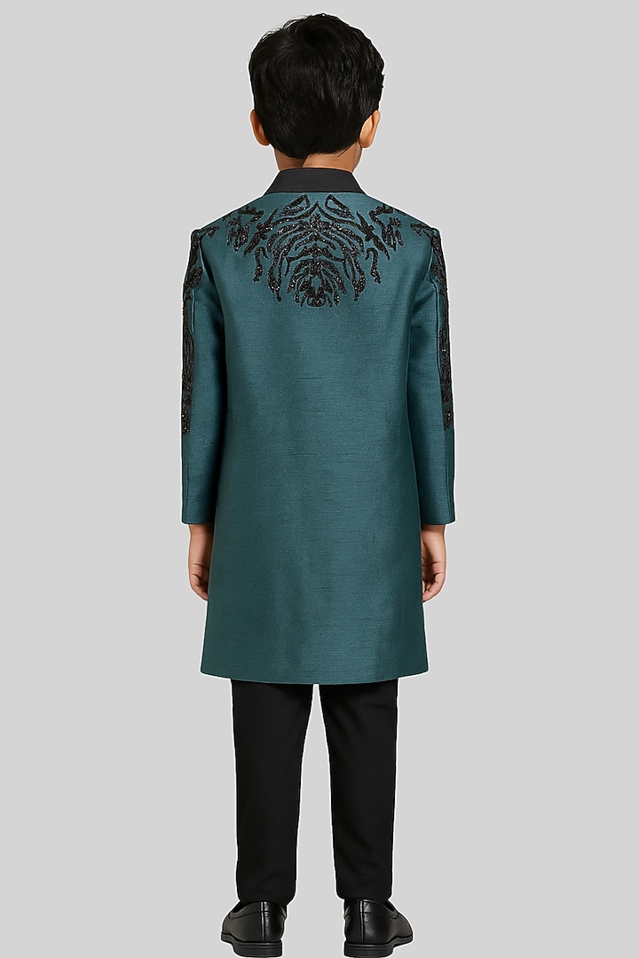 Teal & Black Linen Satin Embellished Nehru Jacket Set For Boys by Paarsh - Littles at Pernia's Pop Up Shop