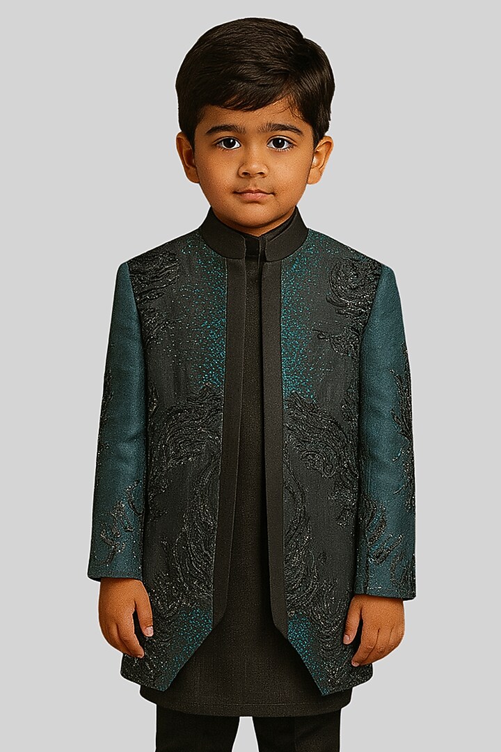 Teal & Black Linen Satin Embellished Nehru Jacket Set For Boys by Paarsh - Littles at Pernia's Pop Up Shop