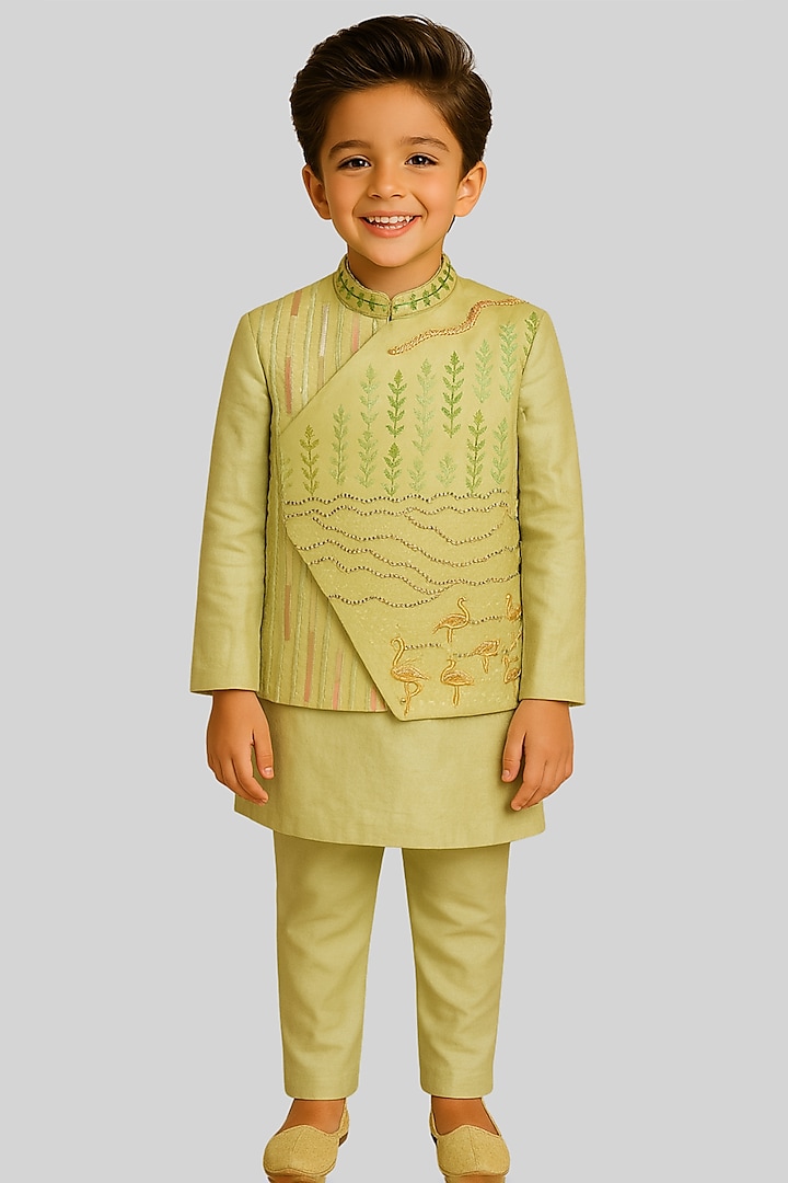 Lime Green Linen Satin Hand Embroidered Nehru Jacket Set For Boys by Paarsh - Littles at Pernia's Pop Up Shop