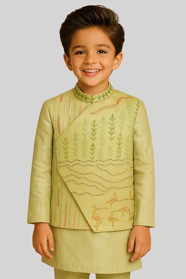 Lime Green Linen Satin Hand Embroidered Nehru Jacket Set For Boys by Paarsh - Littles at Pernia's Pop Up Shop