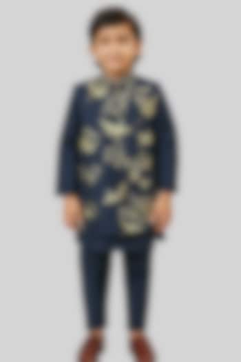 Royal Blue Linen Satin Zari Embroidered Nehru Jacket Set For Boys by Paarsh - Littles at Pernia's Pop Up Shop