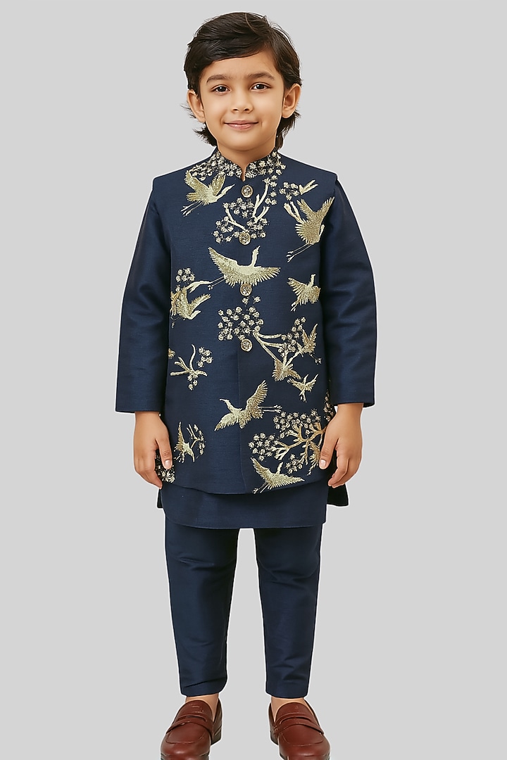 Royal Blue Linen Satin Zari Embroidered Nehru Jacket Set For Boys by Paarsh - Littles at Pernia's Pop Up Shop