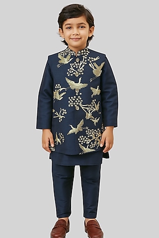 Royal Blue Linen Satin Zari Embroidered Nehru Jacket Set For Boys by Paarsh - Littles