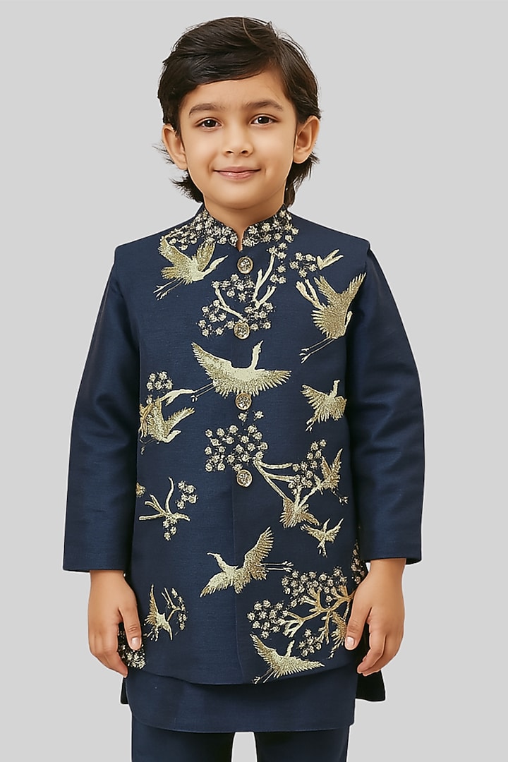 Royal Blue Linen Satin Zari Embroidered Nehru Jacket Set For Boys by Paarsh - Littles at Pernia's Pop Up Shop