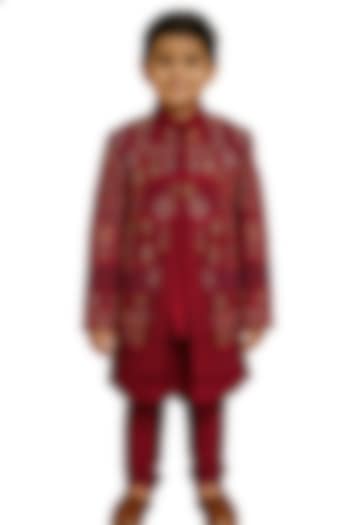 Crimson Red Linen Satin Mirror Embroidered Nehru Jacket Set by Paarsh - Littles at Pernia's Pop Up Shop