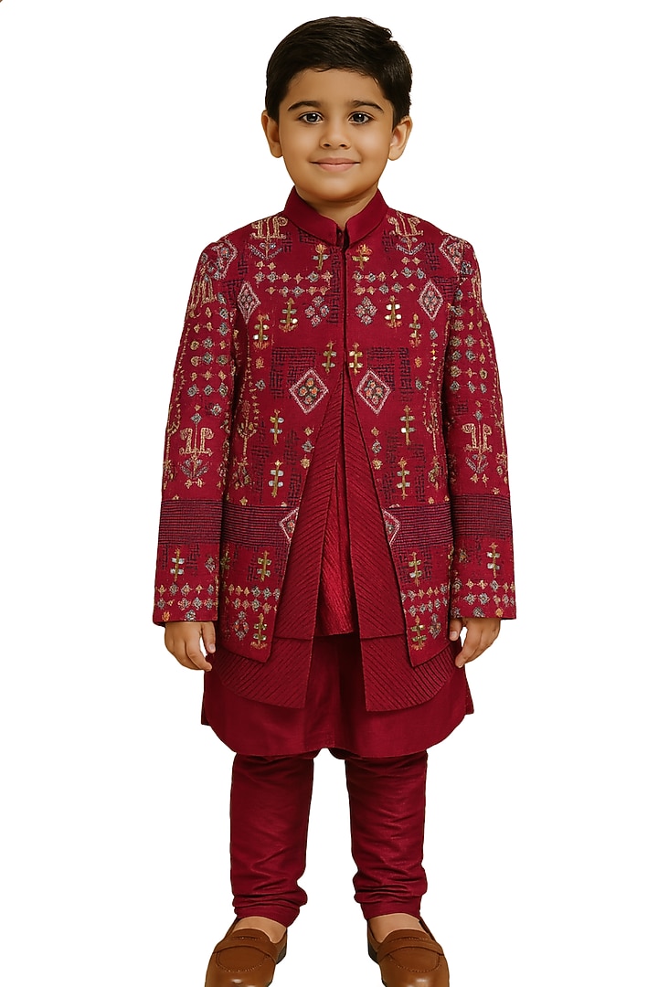 Crimson Red Linen Satin Mirror Embroidered Nehru Jacket Set by Paarsh - Littles at Pernia's Pop Up Shop