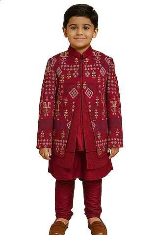 Crimson Red Linen Satin Mirror Embroidered Nehru Jacket Set by Paarsh - Littles