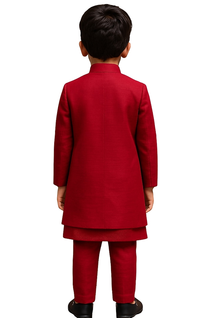 Crimson Red Linen Satin Mirror Embroidered Nehru Jacket Set by Paarsh - Littles at Pernia's Pop Up Shop
