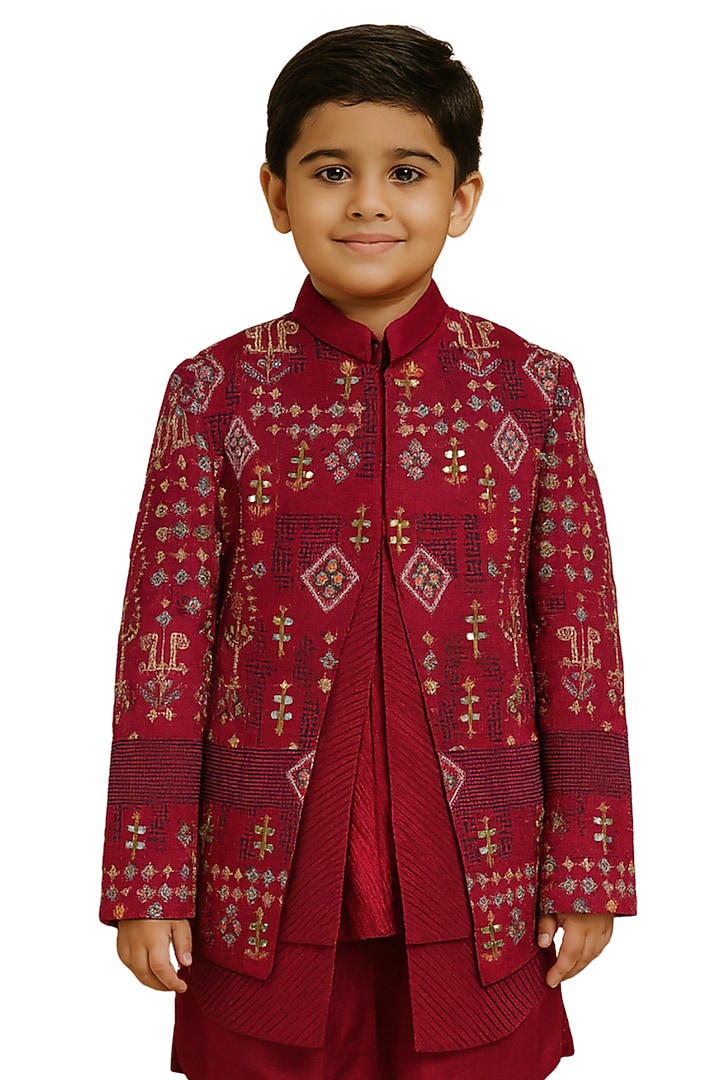 Crimson Red Linen Satin Mirror Embroidered Nehru Jacket Set by Paarsh - Littles at Pernia's Pop Up Shop