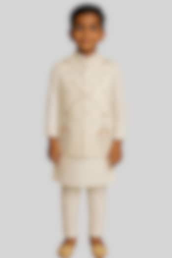 Ivory Linen Satin Floral Embroidered Nehru Jacket Set For Boys by Paarsh - Littles at Pernia's Pop Up Shop