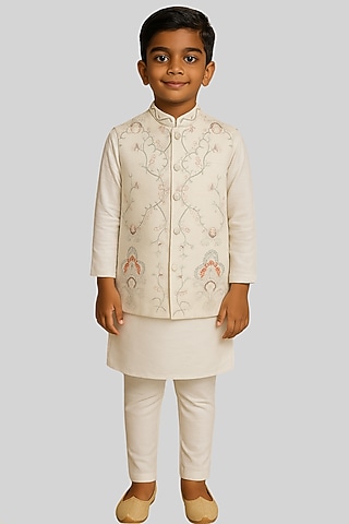 Ivory Linen Satin Floral Embroidered Nehru Jacket Set For Boys by Paarsh - Littles