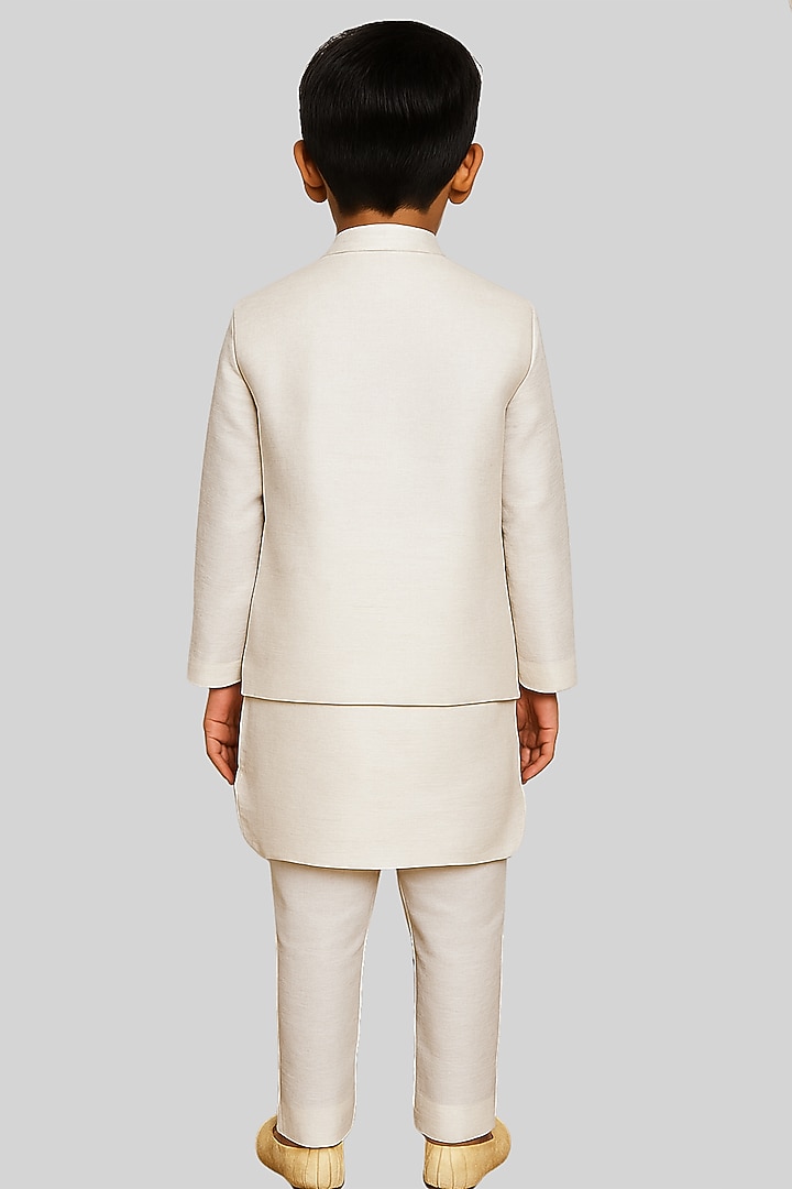Ivory Linen Satin Floral Embroidered Nehru Jacket Set For Boys by Paarsh - Littles at Pernia's Pop Up Shop