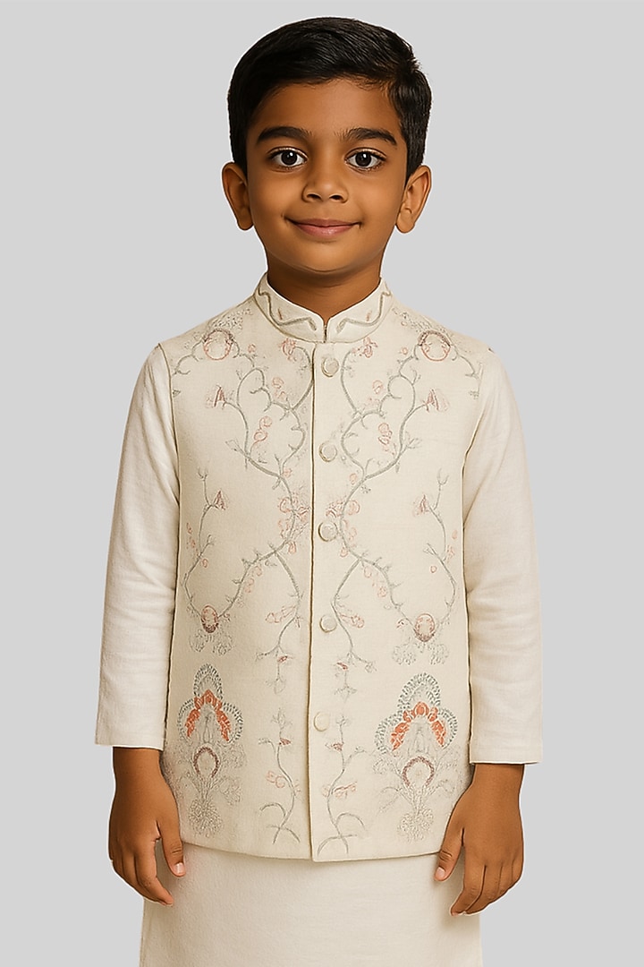 Ivory Linen Satin Floral Embroidered Nehru Jacket Set For Boys by Paarsh - Littles at Pernia's Pop Up Shop