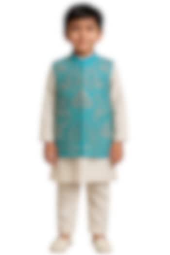 Turquoise Bam Silk Motif Embroidered Nehru Jacket Set For Boys by Paarsh - Littles at Pernia's Pop Up Shop