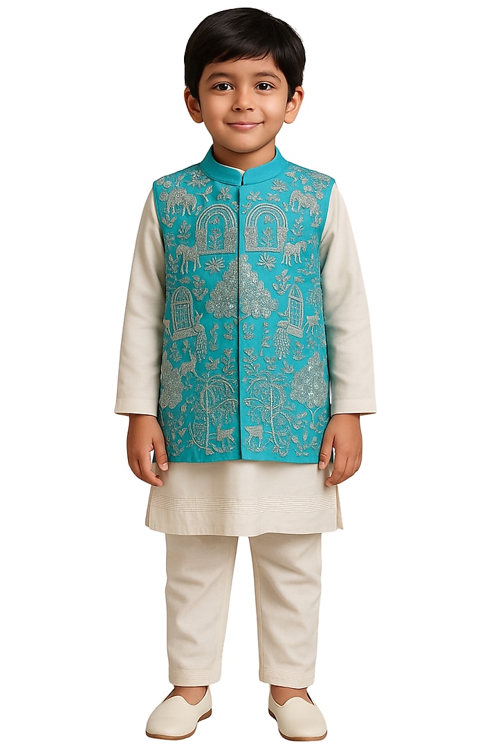 Turquoise Bam Silk Motif Embroidered Nehru Jacket Set For Boys by Paarsh - Littles at Pernia's Pop Up Shop