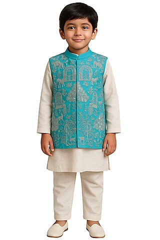 Turquoise Bam Silk Motif Embroidered Nehru Jacket Set For Boys by Paarsh - Littles