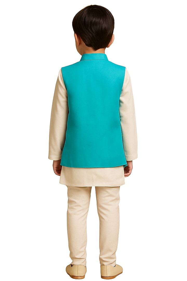 Turquoise Bam Silk Motif Embroidered Nehru Jacket Set For Boys by Paarsh - Littles at Pernia's Pop Up Shop