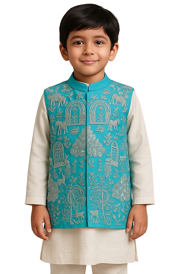 Turquoise Bam Silk Motif Embroidered Nehru Jacket Set For Boys by Paarsh - Littles at Pernia's Pop Up Shop