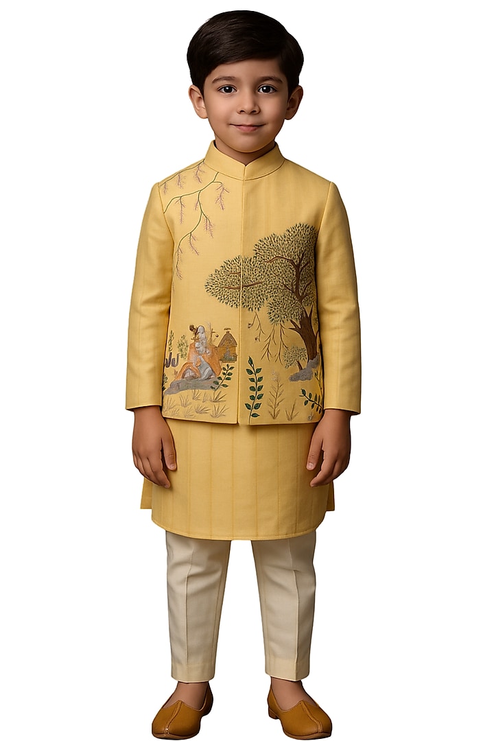 Mango Yellow Bam Silk Hand Painted Nehru Jacket Set For Boys by Paarsh - Littles at Pernia's Pop Up Shop