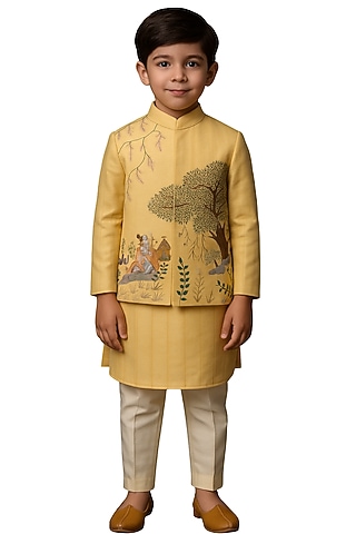 Mango Yellow Bam Silk Hand Painted Nehru Jacket Set For Boys by Paarsh - Littles
