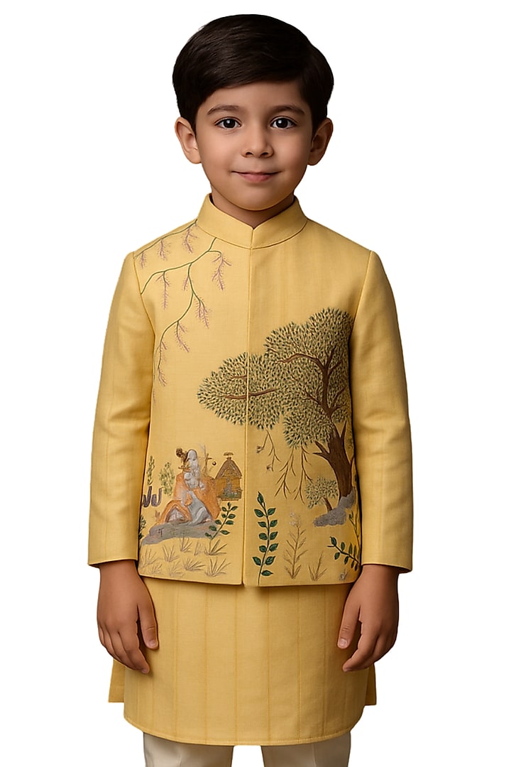Mango Yellow Bam Silk Hand Painted Nehru Jacket Set For Boys by Paarsh - Littles at Pernia's Pop Up Shop
