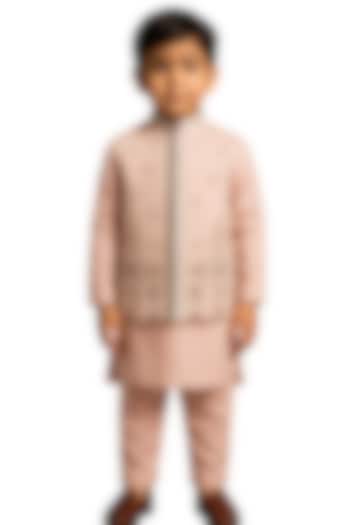 Onion Pink Linen Satin Motif Embroidered Nehru Jacket Set For Boys by Paarsh - Littles at Pernia's Pop Up Shop