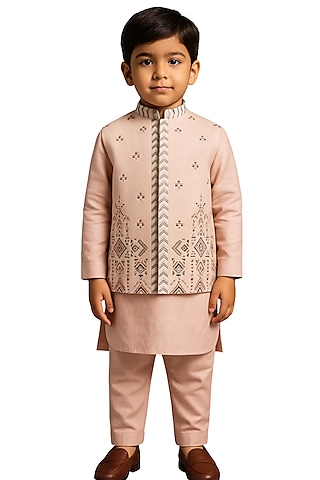 Onion Pink Linen Satin Motif Embroidered Nehru Jacket Set For Boys by Paarsh - Littles