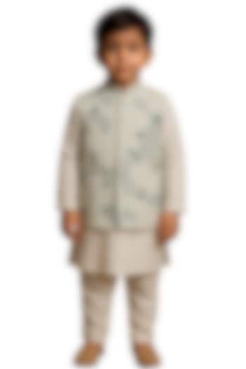 Ivory & Water Blue Bam Silk Floral Embroidered Nehru Jacket Set For Boys by Paarsh - Littles at Pernia's Pop Up Shop
