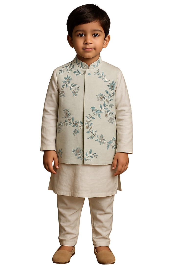 Ivory & Water Blue Bam Silk Floral Embroidered Nehru Jacket Set For Boys by Paarsh - Littles at Pernia's Pop Up Shop