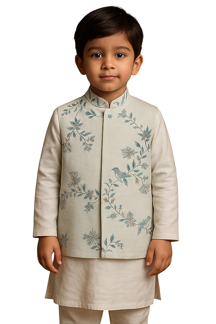 Ivory & Water Blue Bam Silk Floral Embroidered Nehru Jacket Set For Boys by Paarsh - Littles at Pernia's Pop Up Shop