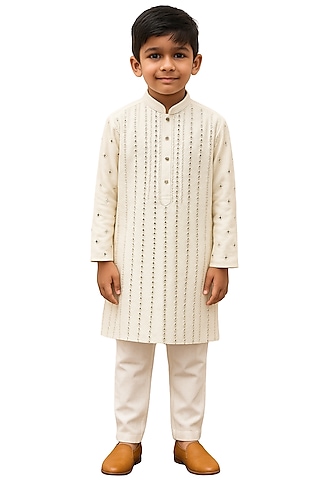 White Bam Silk Mirror Embroidered Kurta Set For Boys by Paarsh - Littles