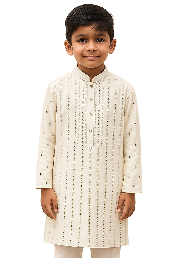 White Bam Silk Mirror Embroidered Kurta Set For Boys by Paarsh - Littles at Pernia's Pop Up Shop