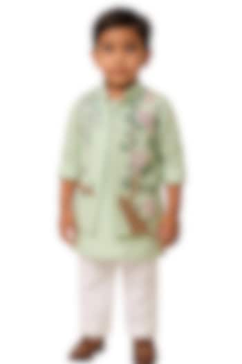 Mint Green Organza Hand Embroidered Nehru Jacket Set For Boys by Paarsh - Littles at Pernia's Pop Up Shop