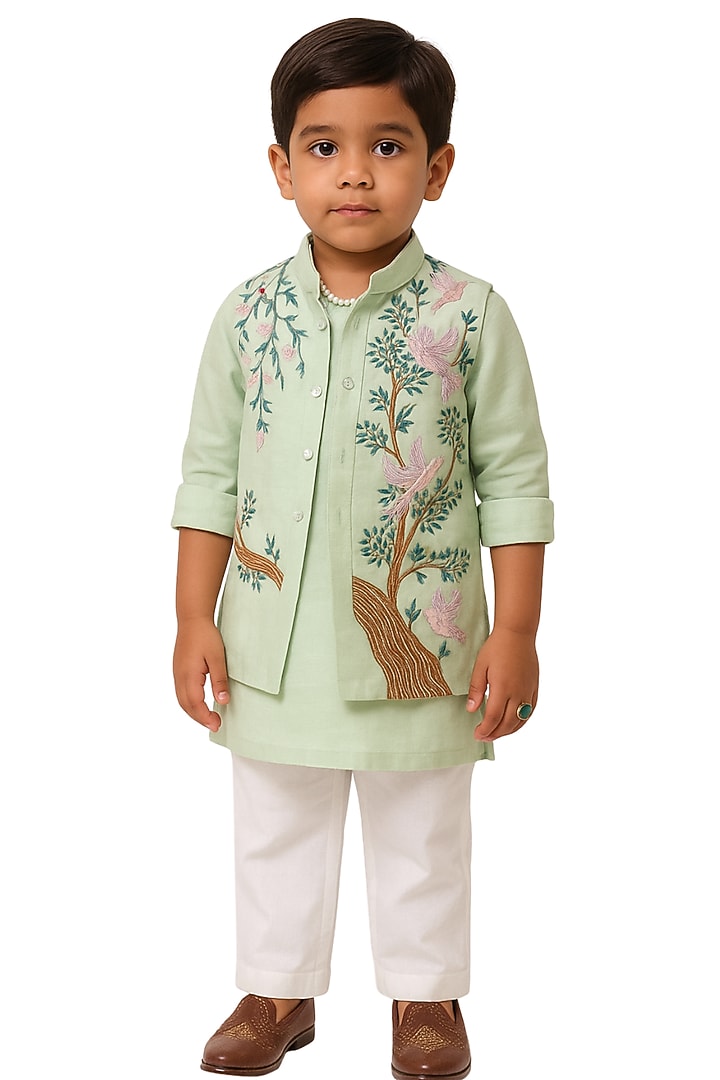 Mint Green Organza Hand Embroidered Nehru Jacket Set For Boys by Paarsh - Littles at Pernia's Pop Up Shop