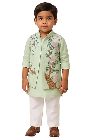 Mint Green Organza Hand Embroidered Nehru Jacket Set For Boys by Paarsh - Littles