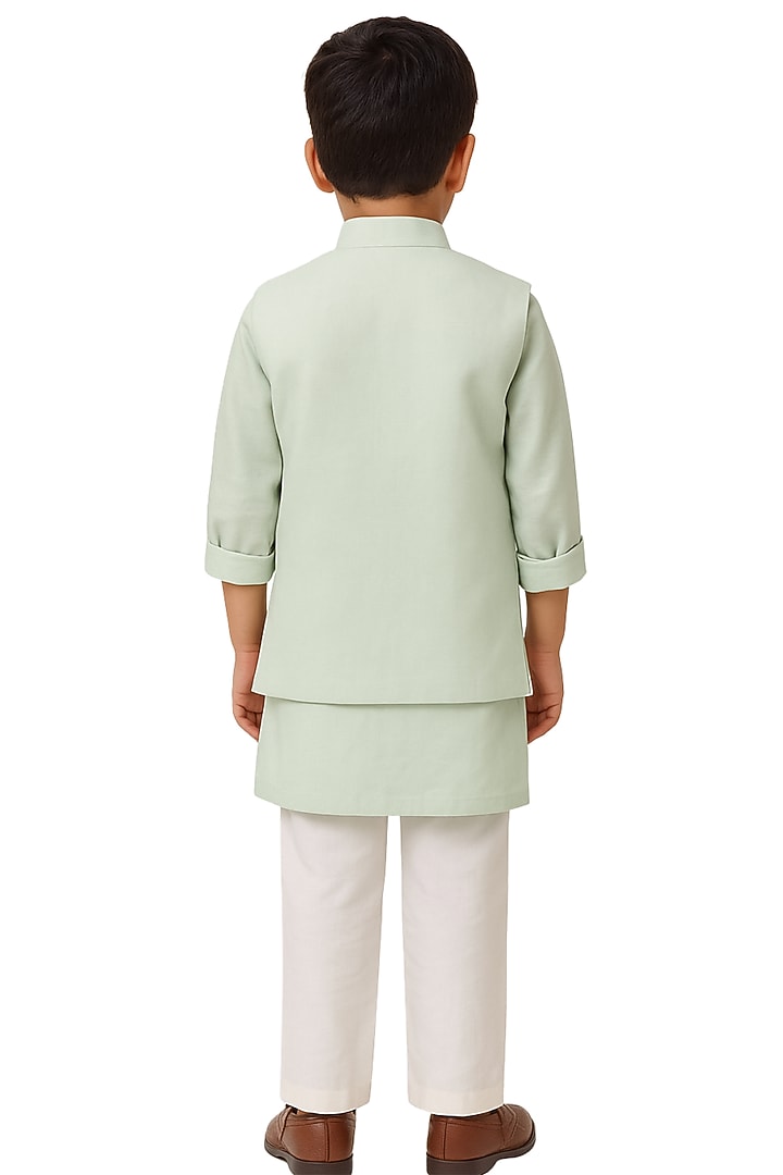 Mint Green Organza Hand Embroidered Nehru Jacket Set For Boys by Paarsh - Littles at Pernia's Pop Up Shop