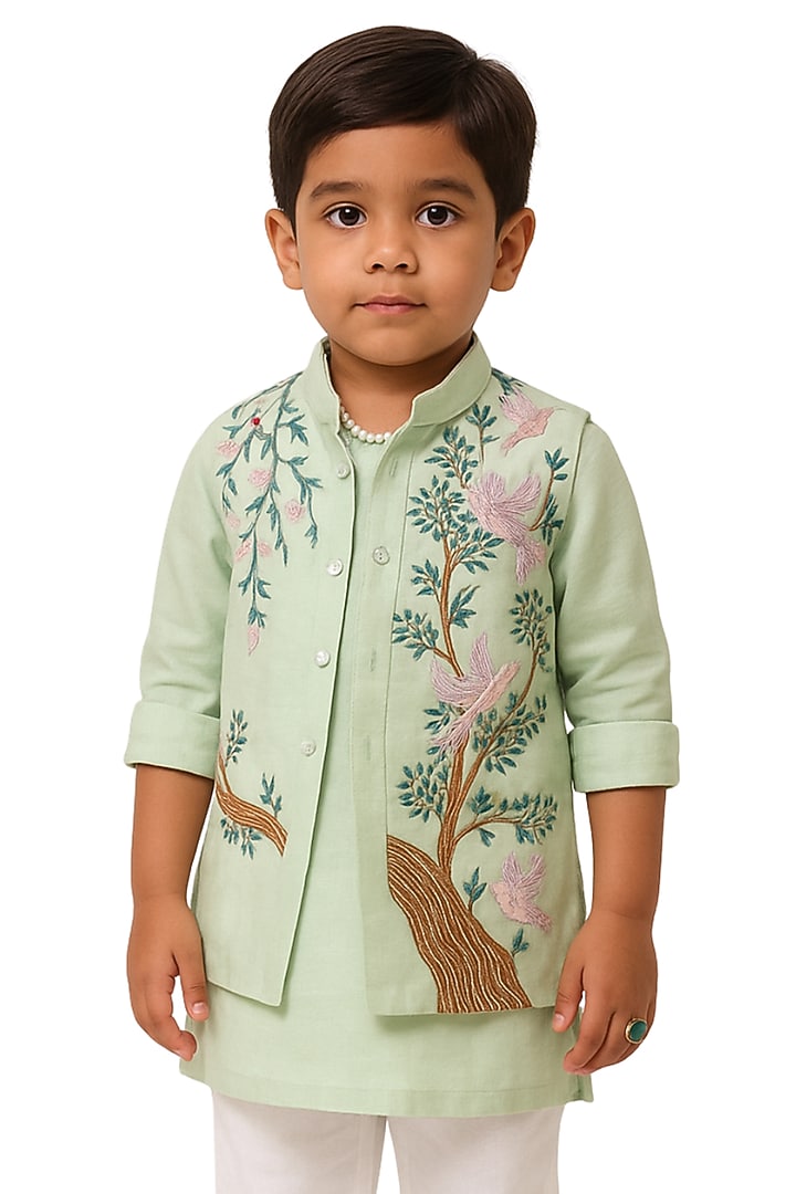 Mint Green Organza Hand Embroidered Nehru Jacket Set For Boys by Paarsh - Littles at Pernia's Pop Up Shop