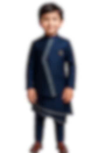 Navy Blue Linen Satin Embroidered Nehru Jacket Set For Boys by Paarsh - Littles at Pernia's Pop Up Shop