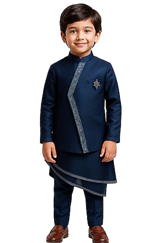 Navy Blue Linen Satin Embroidered Nehru Jacket Set For Boys by Paarsh - Littles