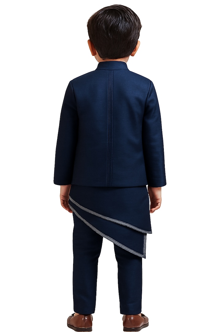 Navy Blue Linen Satin Embroidered Nehru Jacket Set For Boys by Paarsh - Littles at Pernia's Pop Up Shop