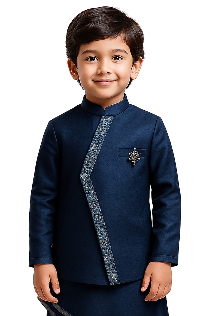 Navy Blue Linen Satin Embroidered Nehru Jacket Set For Boys by Paarsh - Littles at Pernia's Pop Up Shop