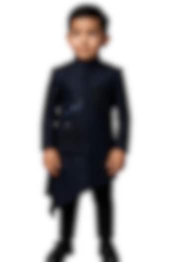 Ink Blue Linen Satin Embroidered Nehru Jacket Set For Boys by Paarsh - Littles at Pernia's Pop Up Shop