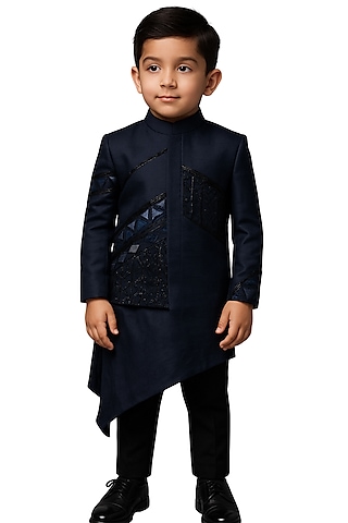 Ink Blue Linen Satin Embroidered Nehru Jacket Set For Boys by Paarsh - Littles