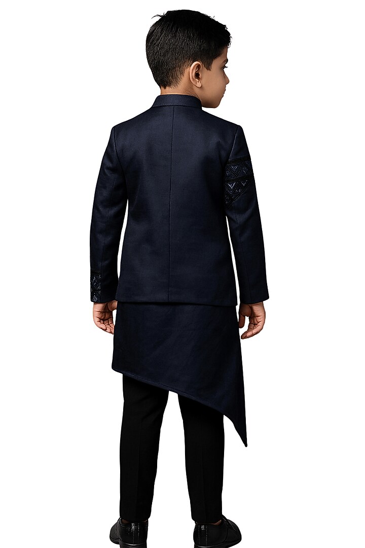 Ink Blue Linen Satin Embroidered Nehru Jacket Set For Boys by Paarsh - Littles at Pernia's Pop Up Shop
