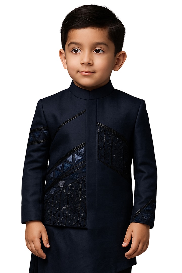 Ink Blue Linen Satin Embroidered Nehru Jacket Set For Boys by Paarsh - Littles at Pernia's Pop Up Shop